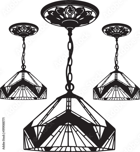 Black and white image of hanging stained glass light fixture isolated on transparent background