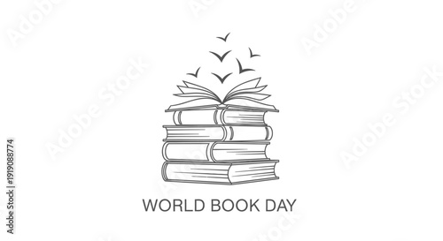 World Book Day icon, book stack with flying birds, literacy symbol, reading celebration