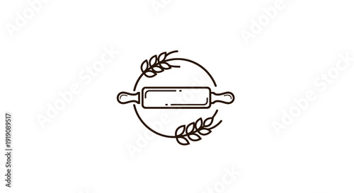 Simple line art illustration of a rolling pin surrounded by wheat.