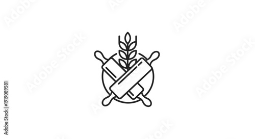 Simple line art illustration of a wheat stalk surrounded by a circular emblem with crossed elements.