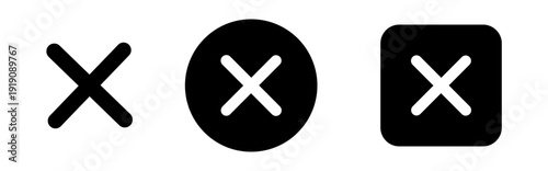 Cross mark icon set with X symbols in circle and square styles. Solid Cancel, close and reject signs for UI, app interface and web design