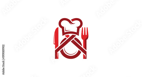 Red Restaurant Logo with Chef Hat and Utensils.