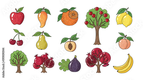 Assortment of Colorful Fruit: A collection of various hand-drawn fruits and small trees showcase the vivid colors and diverse forms of natural produce, including apple, mango, orange, cherry, pear.