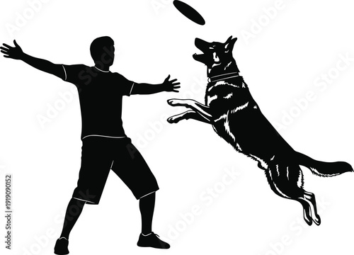 Black Silhouette Vector Illustration of a Man Playing with His German Shepherd Dog Catching a Flying Disc or Frisbee in the Ai