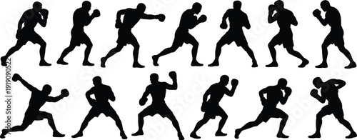 Silhouette, boxer, boxing, fighter, punch, sport, athlete, training, action, stance, combat, black, figures, collection, set, isolated, illustration, fitness, competition, workout