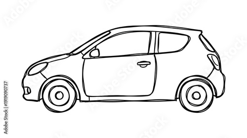 Minimalist black line art illustration of a compact hatchback city car side view isolated on white background, ideal for coloring book pages, automotive branding and minimalist icon design