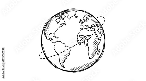 Hand drawn sketch of earth globe with airplane flying on dashed path line over white background, ideal for travel agency marketing, global logistics promotion and tourism blog design