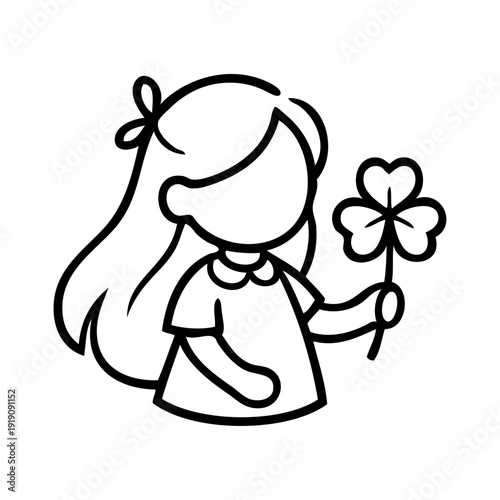 Día de San Patricio. Logo con dibujo sencillo con líneas de una niña con trébol de tres hojas en la mano para felicitaciones y tarjetas