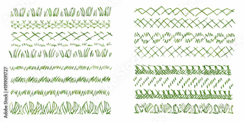 Collection of various green embroidery stitch patterns on a white background