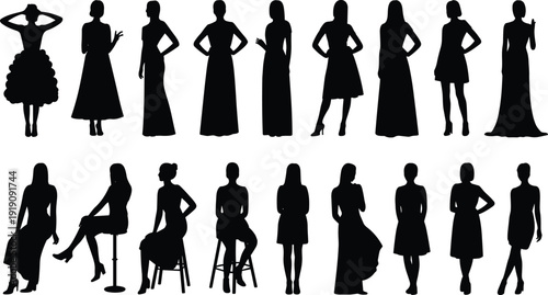 Silhouette, women, fashion, dresses, elegant, female, poses, standing, sitting, black, figures, collection, set, isolated, illustration, style, model, glamour, white, background