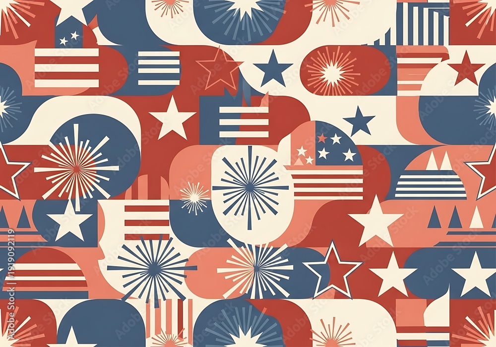 Obraz premium Geometric Pattern of Red, White, and Blue Stars and Fireworks