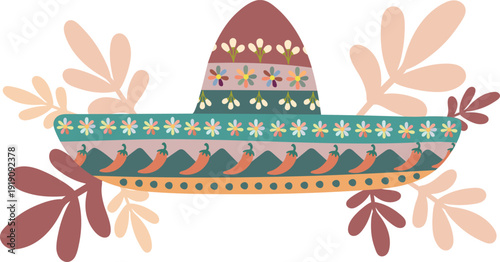 mexican sombrero hat vector illustration with chili peppers and flowers isolated on white background in boho style