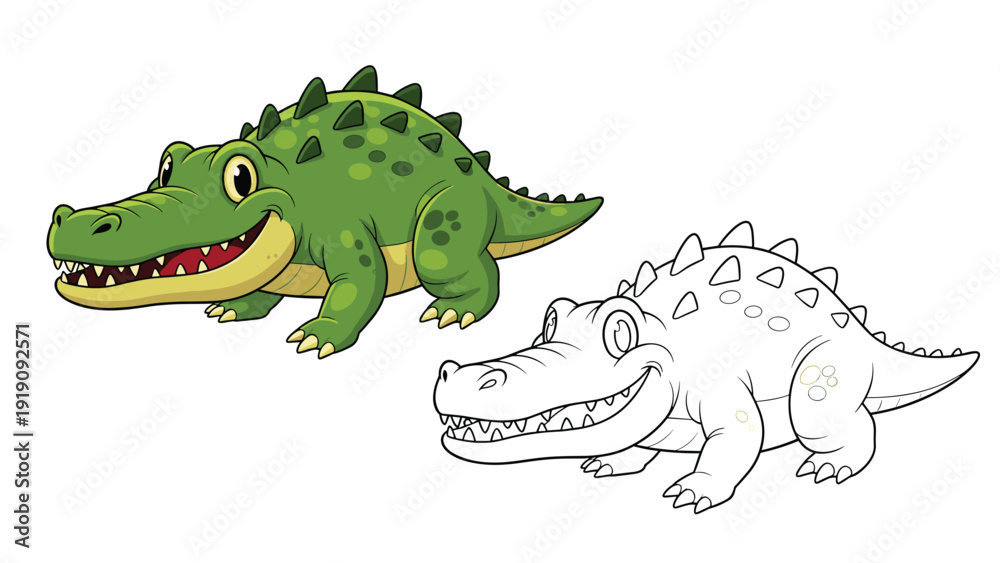 Fototapeta premium Friendly green crocodile character illustration shown side by side as a colored drawing and a line art sketch.
