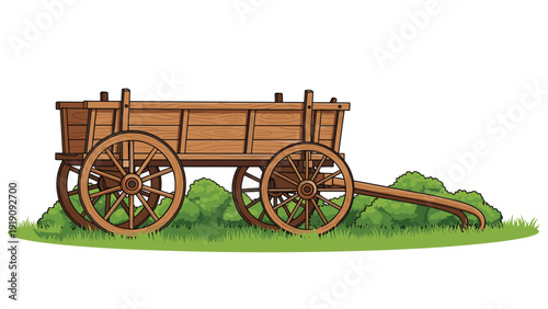 Rustic wooden wagon with four large spoked wheels parked on a grassy patch with green bushes, set against a clean and plain white background.