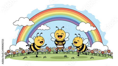 Three happy cartoon bees carrying a honey pot and flying in a flower field under a bright colorful rainbow and white fluffy clouds in the sky.