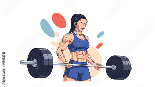Strong woman lifting a heavy barbell in a gym, showing impressive muscle definition and focus during her intense physical fitness training session.