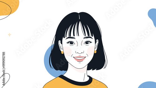Portrait of a woman with short black hair and a friendly smile, wearing a yellow top and set against a minimalist background with soft shapes.