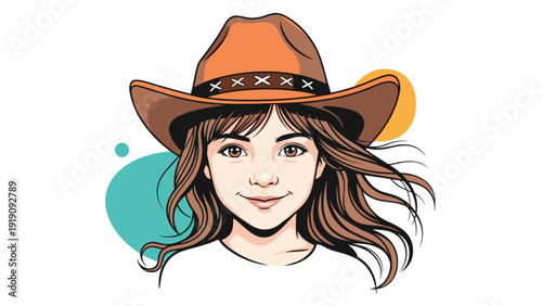 Cute girl wearing a large brown cowgirl hat with star decorations and long wavy hair, looking forward with a gentle and friendly smile on her face.