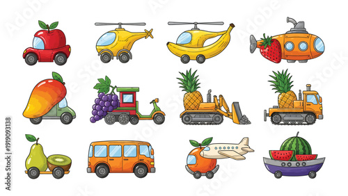 Fruit Vehicles: A vibrant collection of whimsical fruit-shaped vehicles, blending the natural sweetness of fruits with the excitement of transportation.