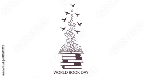 World Book Day icon with books and birds, literacy symbol. Celebrating reading and education. Created in minimalist style with purple and white palette.