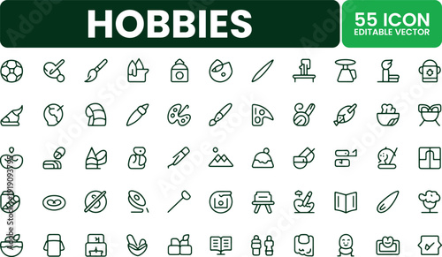Hobbies Line Icons Pack - 55 Editable Stroke Vector Icons Set


