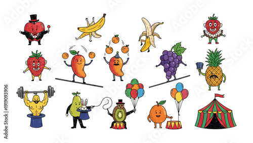 Whimsical Fruit Circus: An array of vibrant cartoon fruits brought to life in a playful circus setting, each with its unique act and personality. Perfect for adding a touch of fun to any project. 
