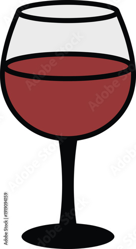 Simple illustration of a glass of red wine, cartoon style drawing of a wine goblet filled with dark red liquid
