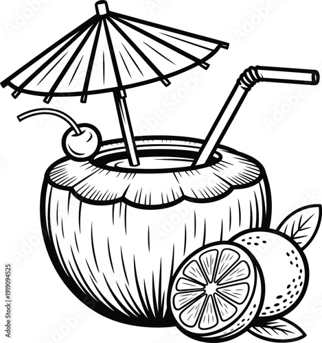 Black and white outline drawing of a tropical coconut drink with cocktail umbrella, cherry garnish, straw, and sliced citrus fruit