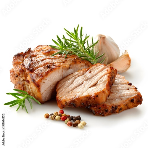 Grilled pork sliced with rosemary garlic and pepper on isolated background.