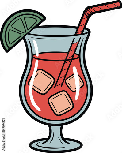 Tropical cocktail drink with lime slice and straw in hurricane glass