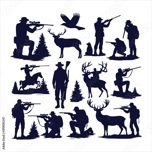 Comprehensive collection of hunting silhouettes featuring hunters with rifles, deer, dogs, and outdoor wilderness scenes.