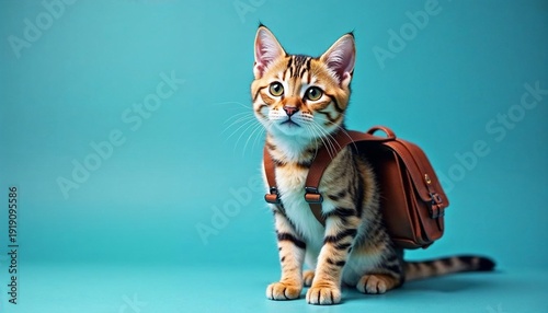 Cute kitten wearing a small leather backpack on a blue background. Pet photography for animal care, education, and back to school concept.