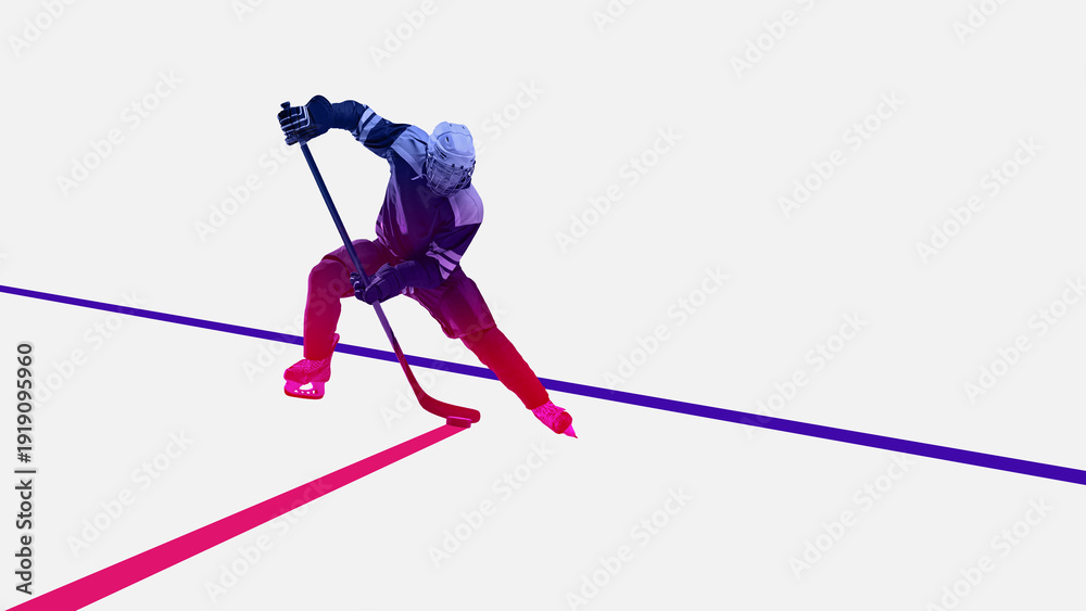Fototapeta premium Bold mixed media ice hockey player striking puck with geometric lines. Concept of league promotion, winter championship graphics, sports broadcast visuals and team marketing campaigns.