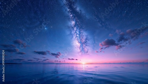 Beautiful milky way galaxy visible in night sky over calm sea. Cosmic seascape with vibrant colors for travel and nature concept.