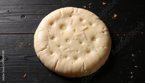 Raw bread dough preparing for baking on black wooden table. Cooking fresh homemade flatbread or pita in kitchen setting for meal.