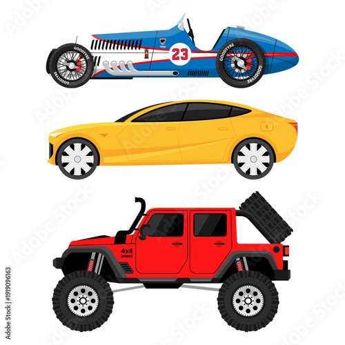 Set of 3 cars classic sport modern and off road car transportation vehicle set vector illustration