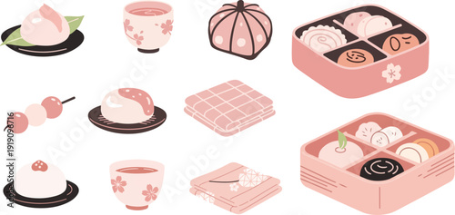 Japanese Spring Food Set for Hinamatsuri and Hanami Festival Illustration