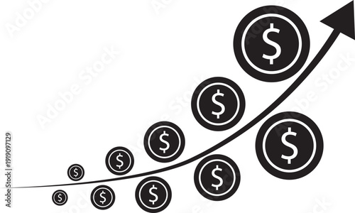 Conceptual financial growth illustration showing dollar coins increasing in size along an upward-curving arrow.