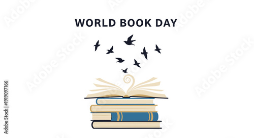 World Book Day icon with books and flying birds