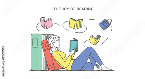 Woman reading book with floating books around her, relaxed on chair, enjoying reading.