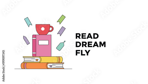 Education and reading vector icon set. Includes book, cup, glasses, flying book, reading. Created in colorful style with pastel palette.