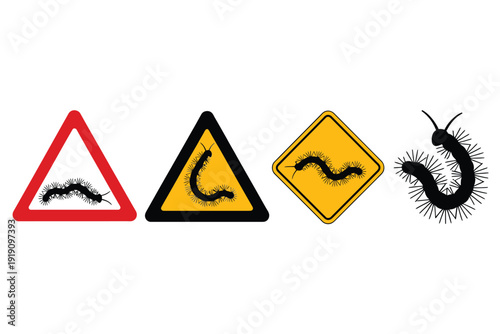 Caterpillar themed road warning signs and a fuzzy caterpillar illustration