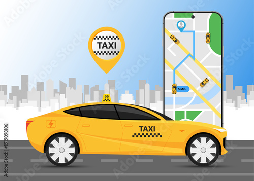 Taxi order mobile app online smartphone user interface transportation service realistic vector illustration. Yellow cab passenger urban travel automobile application smart digital technology