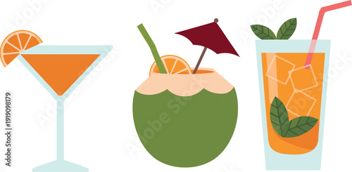 Tropical summer cocktails set with martini glass coconut drink and iced beverage isolated on white background flat illustration