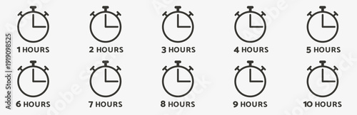 1, 2, 3, 4, 5, 6, 7, 8, 9, and 10 hours icon set on white background for apps and websites