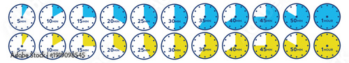 5, 10, 15, 20, 25, 30, 40, 45, 50, 55 Minutes and 1 hour waiting time clock icon collection.