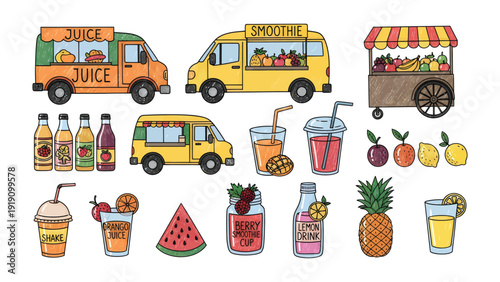 Fresh Beverage Delights: An array of vibrant food trucks and refreshing beverages showcasing the appeal of delicious juice and smoothie offerings. 
