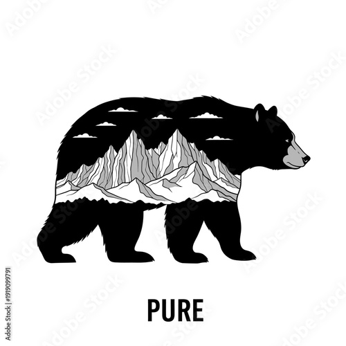 Bear Silhouette with Mountain Landscape Inside, Nature Concept