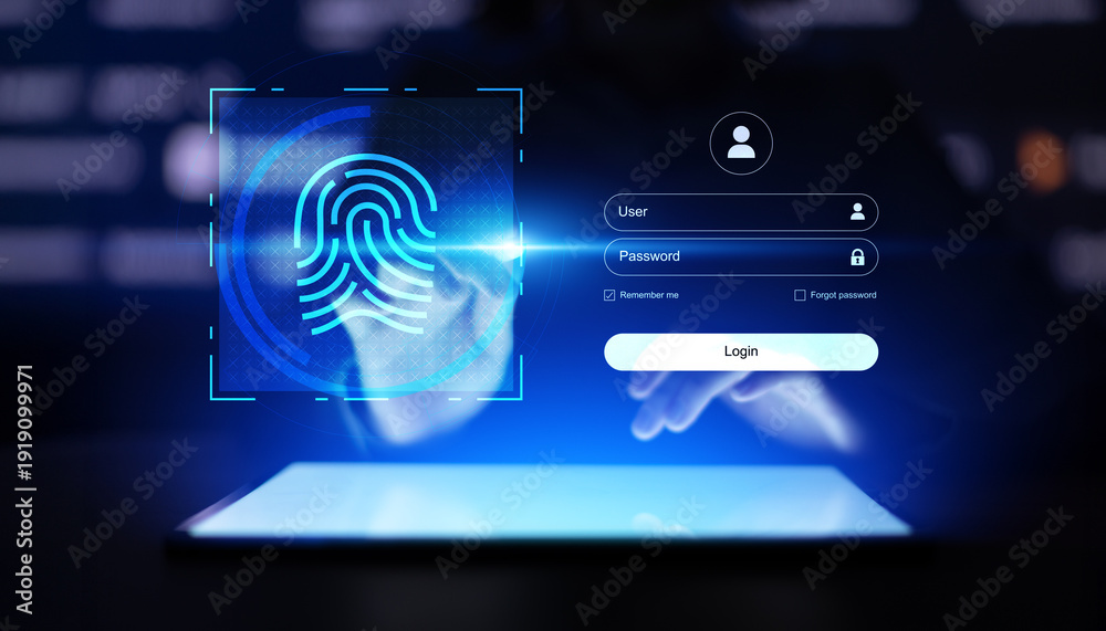 Photography Biometric authentication interface with fingerprint login and secure digital access system