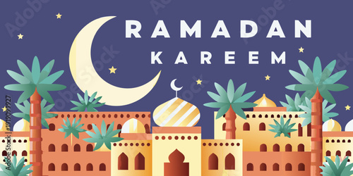 Ramadan kareem greeting with crescent moon palm trees and city skyline